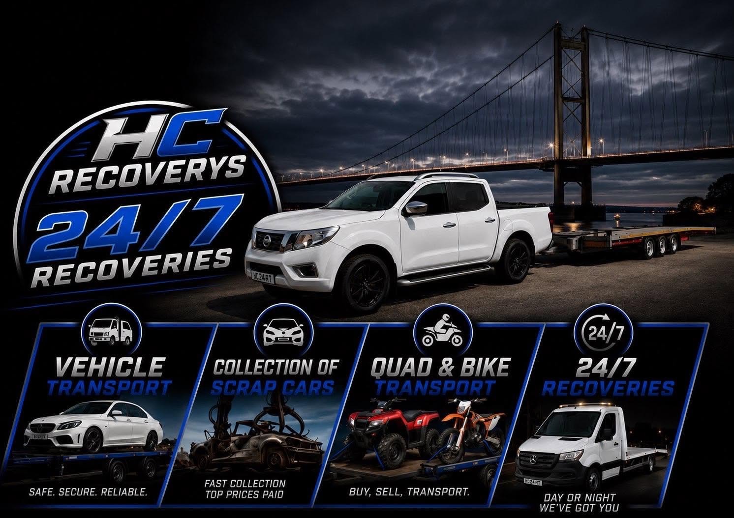 HC Recoverys 24/7 recoveries: vehicle transport, scrap collection, quad and bike transport